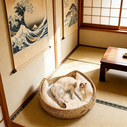 Round Woven Cat Bed – Natural Cat Furniture & Cosy Sleeping Nest