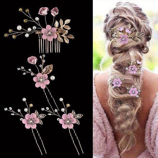 Purple 4-Piece Elegant Light Luxury Pearl Flower Hair Accessories Set, Bridal Wedding Hairpin and Hairpin Headdress Set, Bridesmaid Gift Banquet Ornament Set for Women's Hairpin
