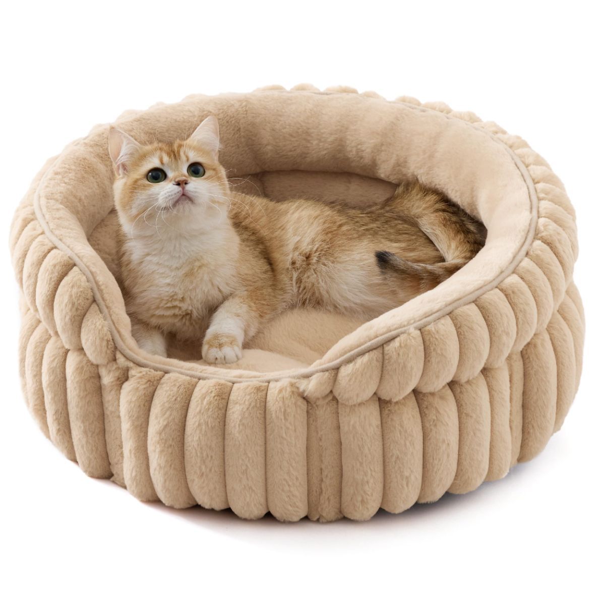 Fluffy Round Cat Bed – Plush Cat Furniture & Comfortable Pet Bed – Beige, 26