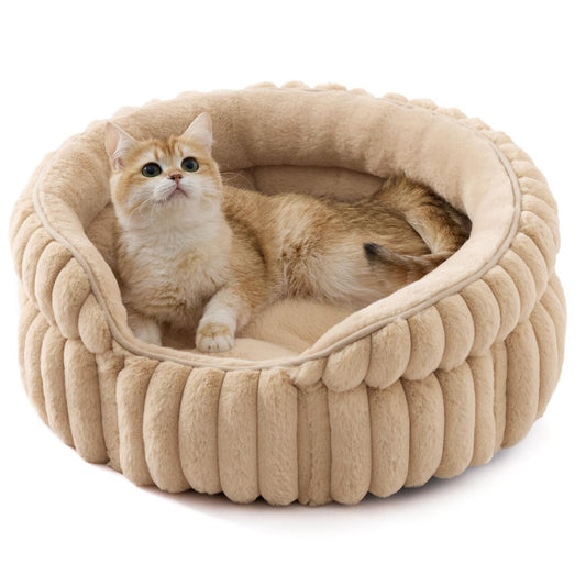 Fluffy Round Cat Bed – Plush Cat Furniture & Comfortable Pet Bed – Beige, 26