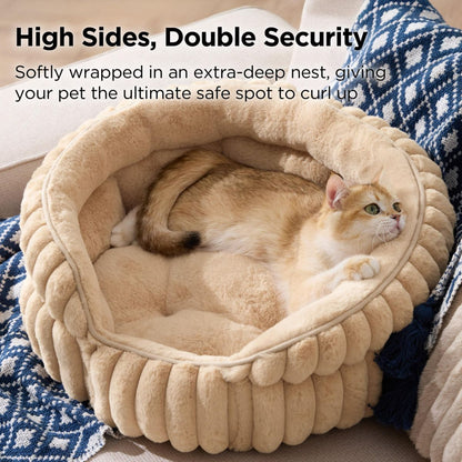 Fluffy Round Cat Bed – Plush Cat Furniture & Comfortable Pet Bed – Beige, 26