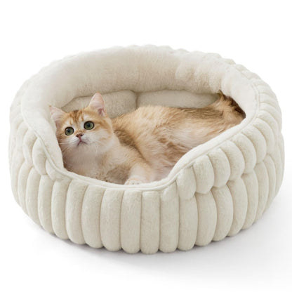 Fluffy Round Cat Bed – Machine Washable Plush Cat Furniture, White 20in