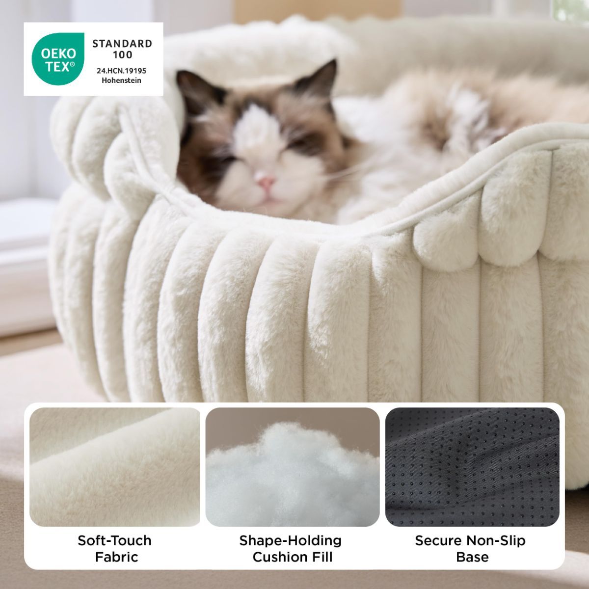 Fluffy Round Cat Bed – Machine Washable Plush Cat Furniture, White 20in