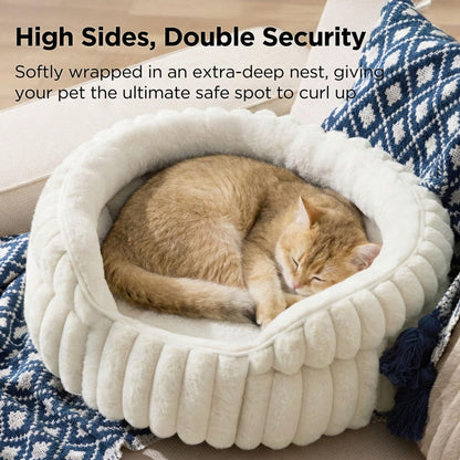 Fluffy Round Cat Bed – Machine Washable Plush Cat Furniture, White 20in