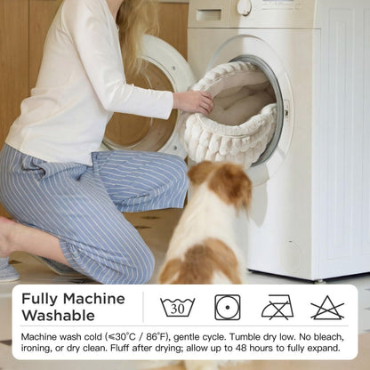 Fluffy Round Cat Bed – Machine Washable Plush Cat Furniture, White 20in