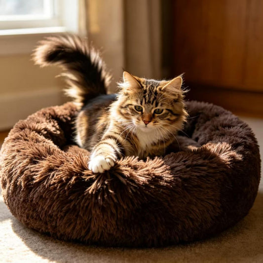Fluffy Round Cat Bed – Comfortable Cat Furniture & Sleeping Bed – Dark Brown, 24"