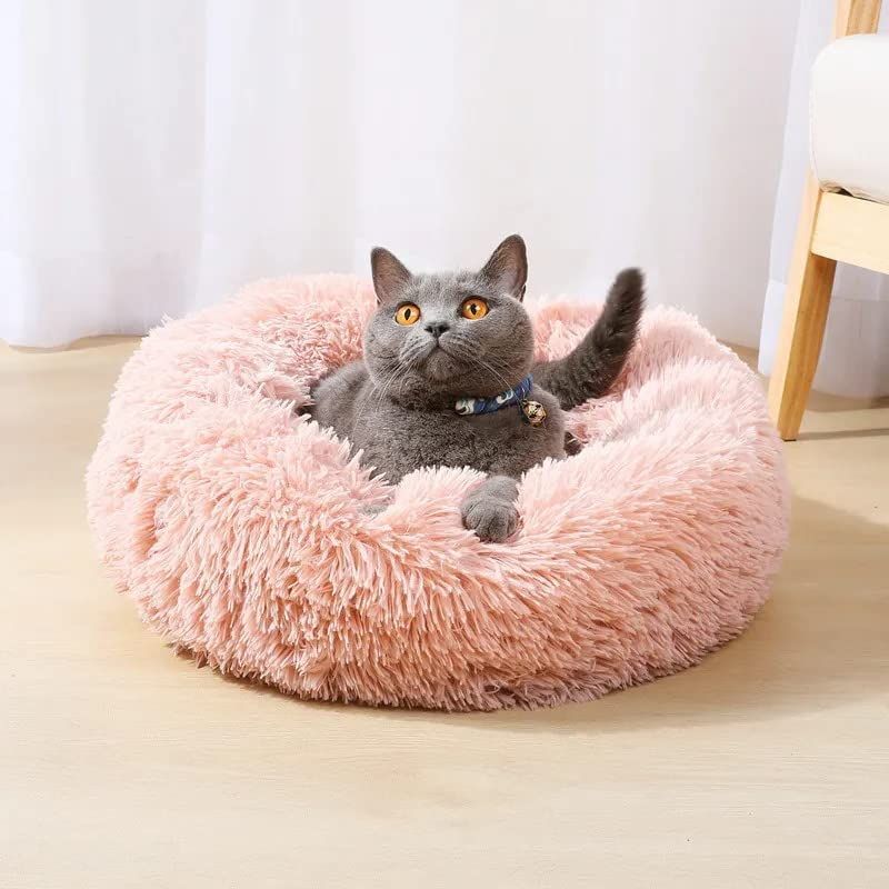 Fluffy Round Cat Bed – Comfortable Cat Furniture & Sleeping Bed – Dark Brown, 24"