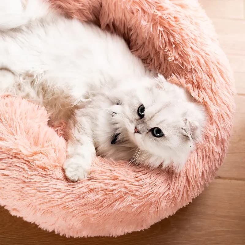 Fluffy Round Cat Bed – Comfortable Cat Furniture & Sleeping Bed – Dark Brown, 24"