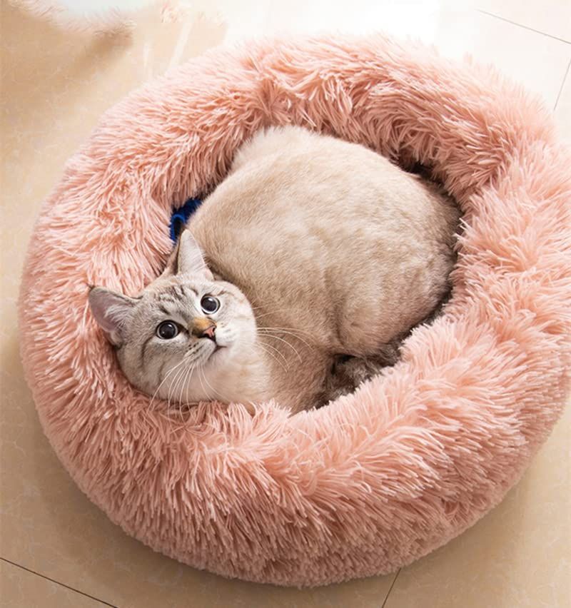 Fluffy Round Cat Bed – Comfortable Cat Furniture & Sleeping Bed – Dark Brown, 24"