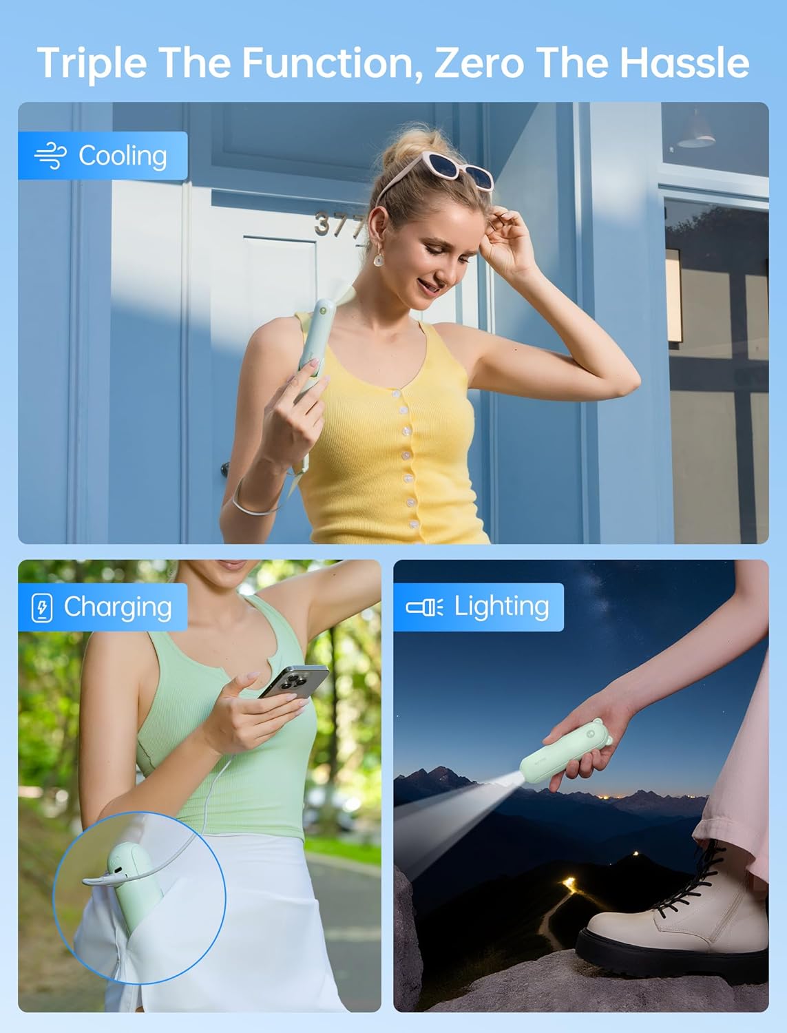 Handheld Mini Fan (Green), 3-in-1 USB Rechargeable Portable Fan with Power Bank & Flashlight