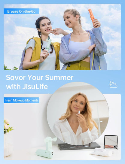 Handheld Mini Fan (Green), 3-in-1 USB Rechargeable Portable Fan with Power Bank & Flashlight