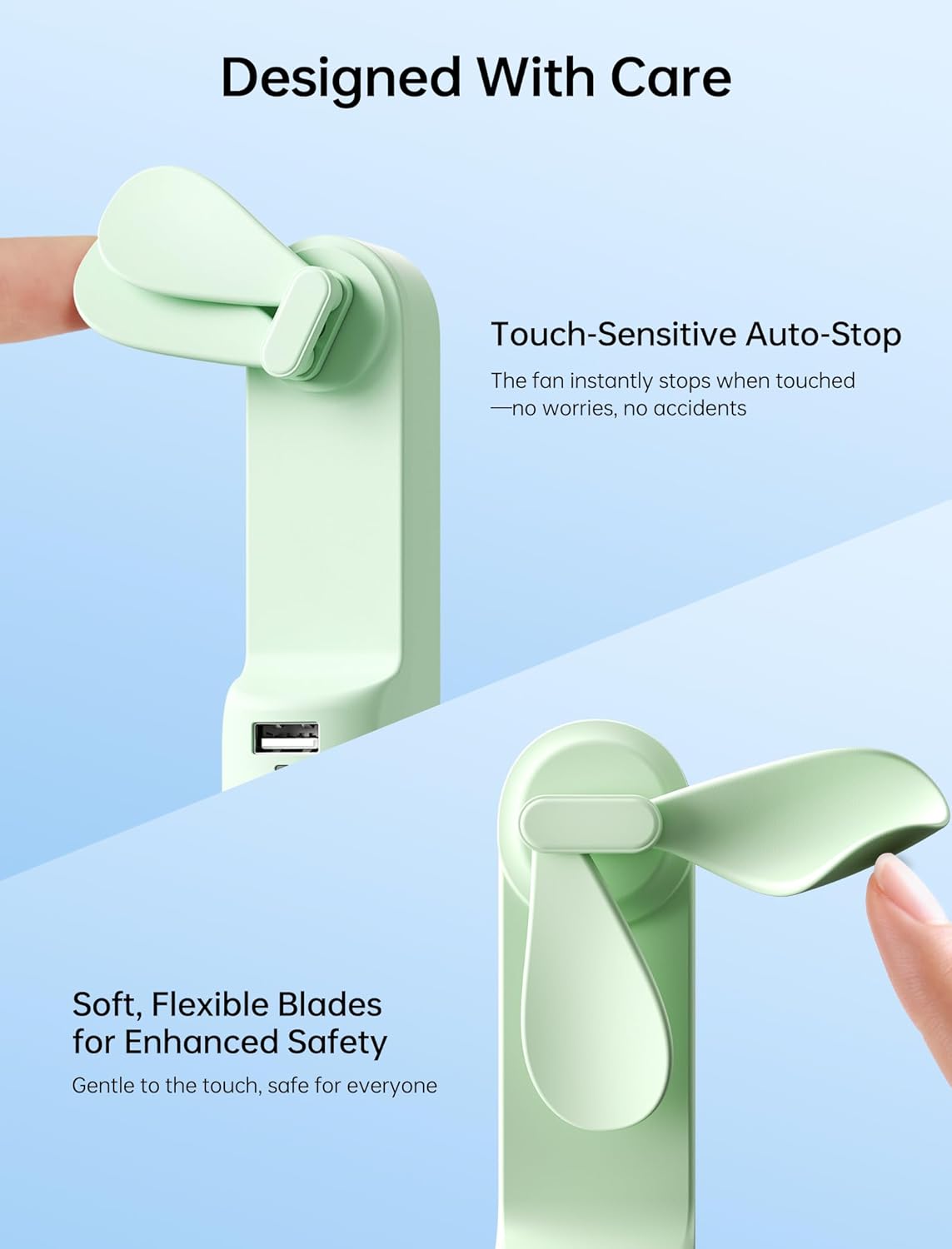 Handheld Mini Fan (Green), 3-in-1 USB Rechargeable Portable Fan with Power Bank & Flashlight