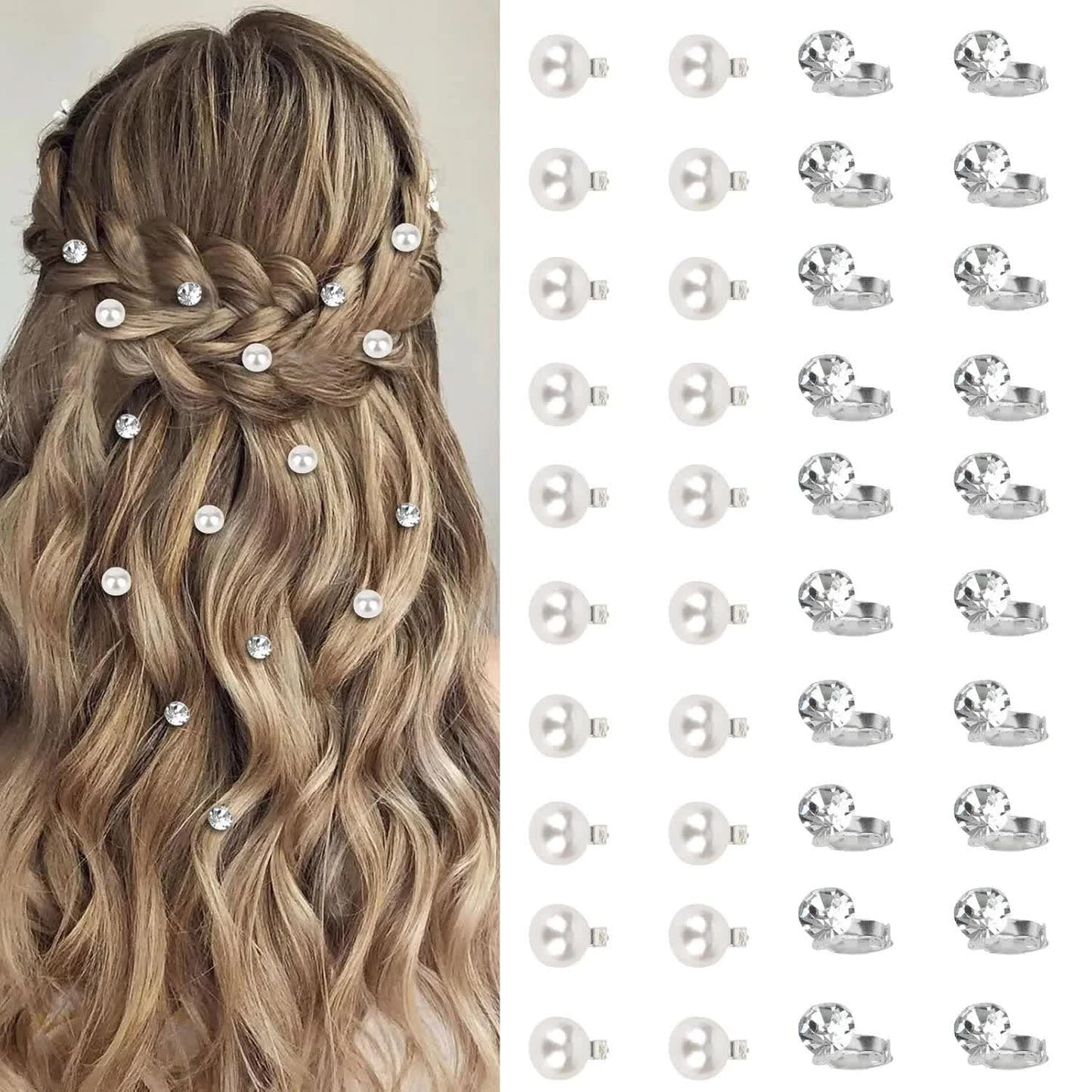 40-Piece Mini Rhinestone & Pearl Hair Clips – Silver & White