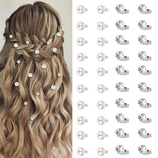 40-Piece Mini Rhinestone & Pearl Hair Clips – Silver & White