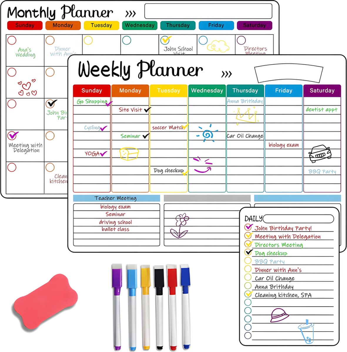 Magnetic Monthly, Weekly & Daily Planner Set – Family Whiteboard with Markers & Eraser
