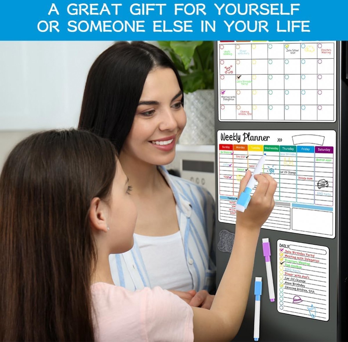 Magnetic Monthly, Weekly & Daily Planner Set – Family Whiteboard with Markers & Eraser