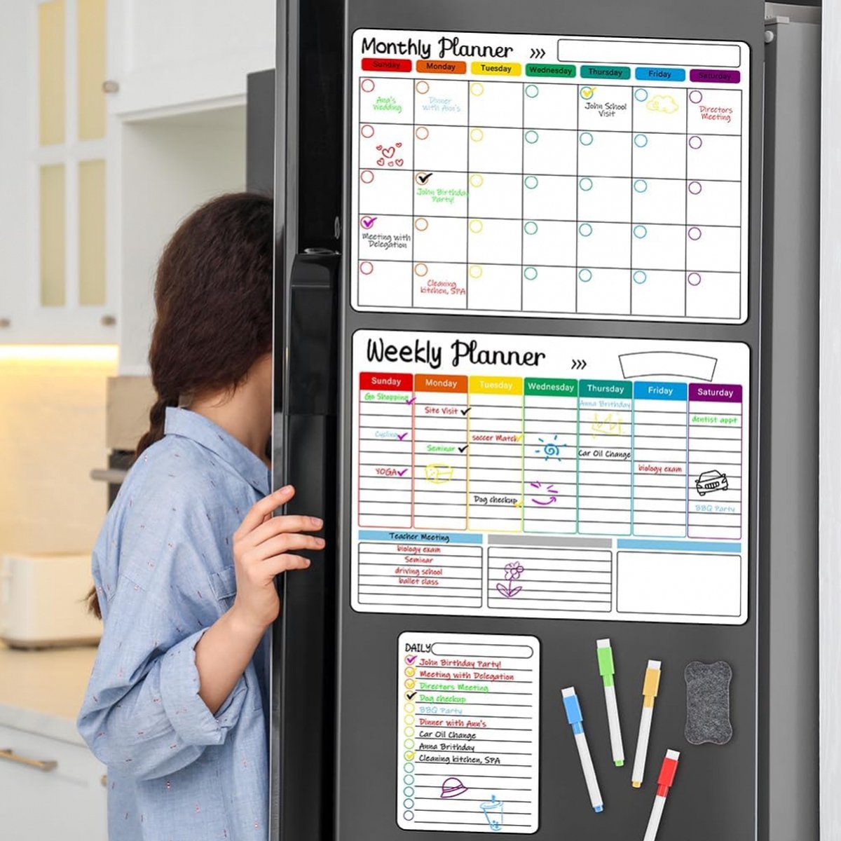 Magnetic Monthly, Weekly & Daily Planner Set – Family Whiteboard with Markers & Eraser