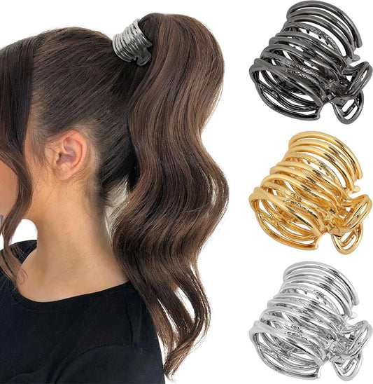 3-Piece High Ponytail Hair Clips – Gold, Silver & Black