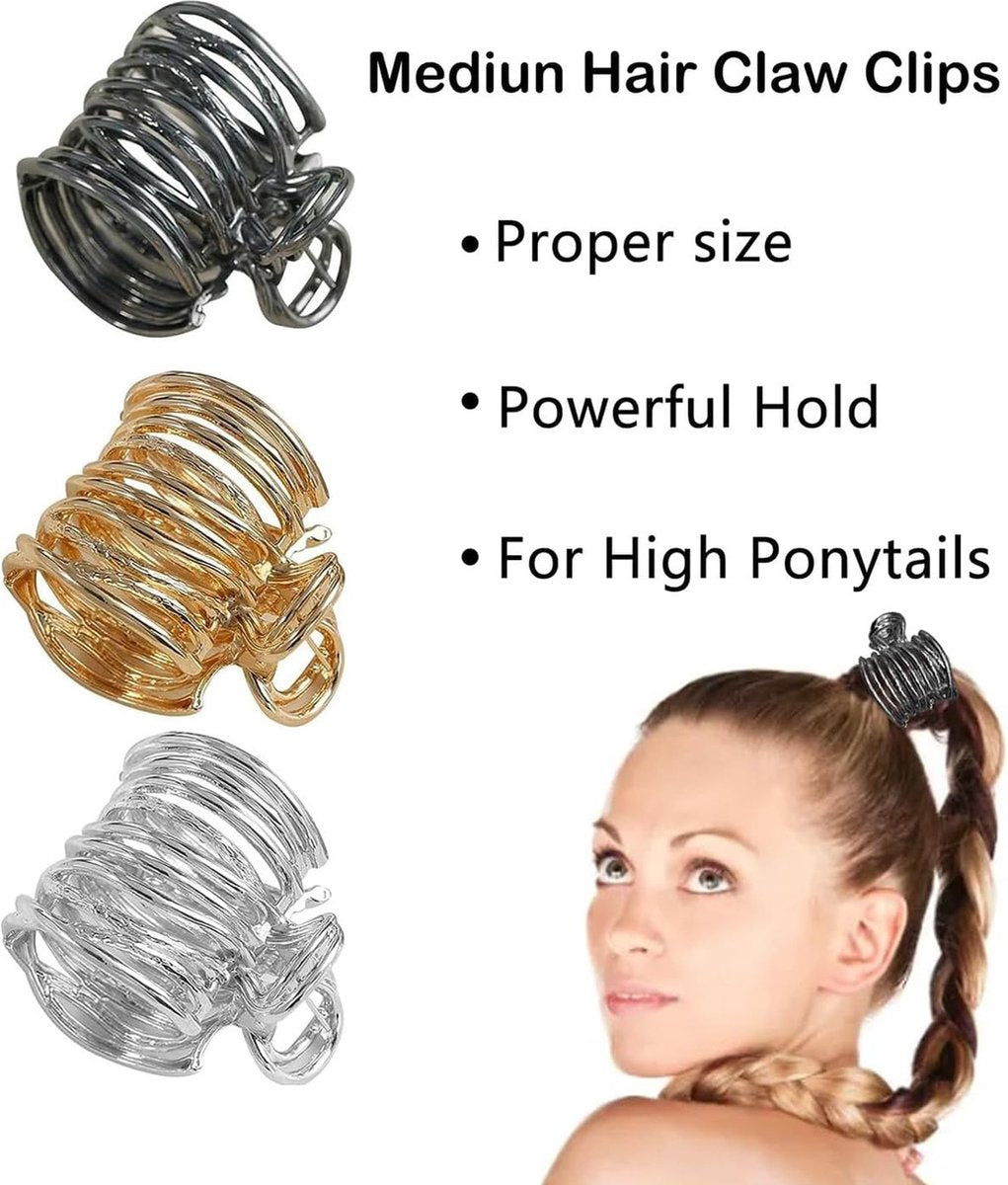 3-Piece High Ponytail Hair Clips – Gold, Silver & Black