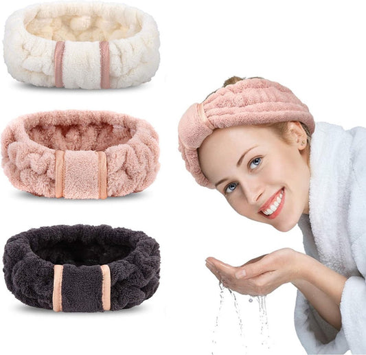 3-Piece Spa & Makeup Headband Set – Off-White, Pink & Black