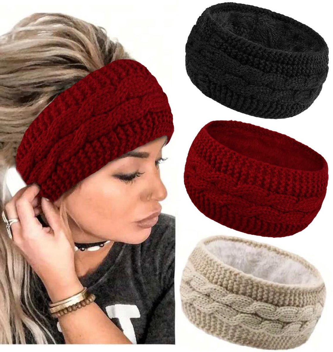 3-Piece Winter Cable-Knit Headbands – Black, Red & Khaki