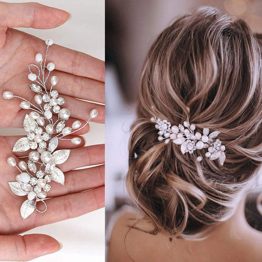 Silver Pearl & Crystal Leaf Bridal Hair Accessory