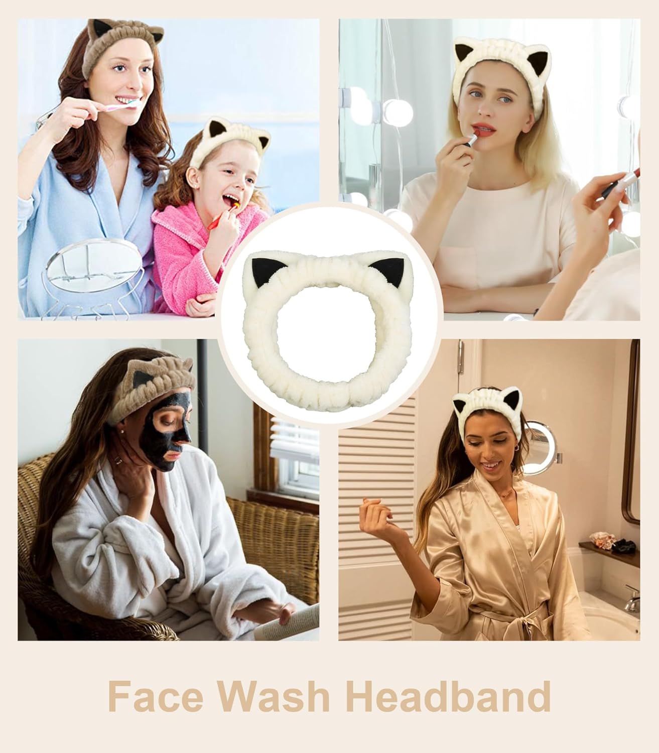 2-Piece Cute Cat Ear Spa Headbands – Beige & Khaki