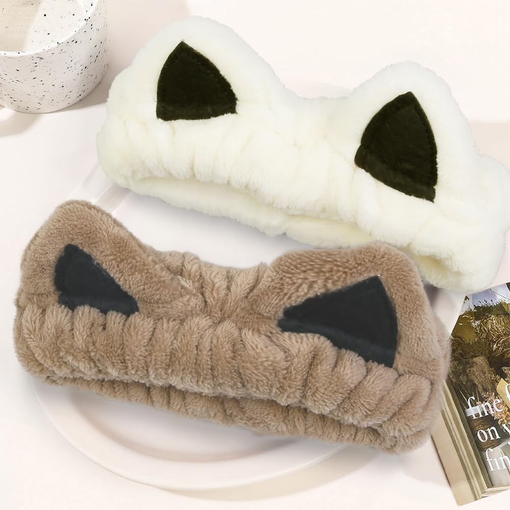 2-Piece Cute Cat Ear Spa Headbands – Beige & Khaki