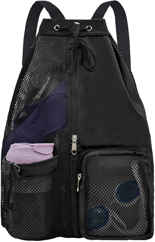 Backpack - Sports Bag - Travel Bag - Training Bag - Swimming Bag - 30*15*45cm - Mesh Material - Drawstring Design - Side Storage Space - Unisex - Suitable for Fitness, Swimming, Travel, Dancing, Camping（Black）