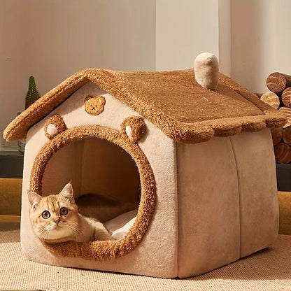 Cartoon-Style House Pet Bed – Detachable & Washable Winter Cat Cave