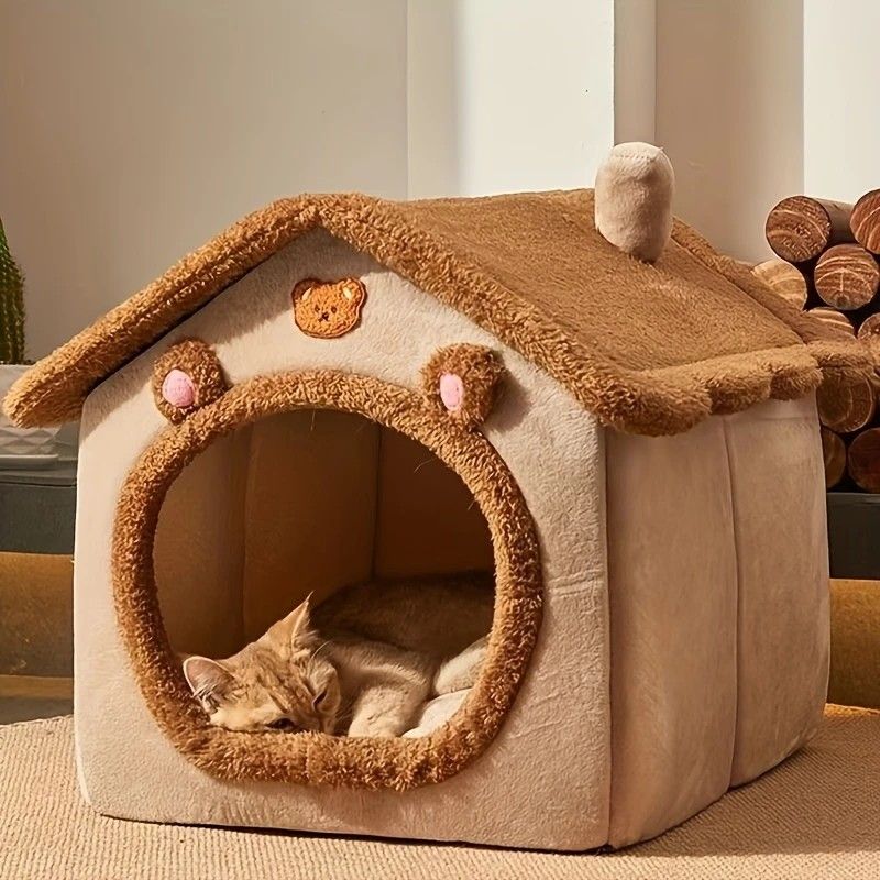 Cartoon-Style House Pet Bed – Detachable & Washable Winter Cat Cave