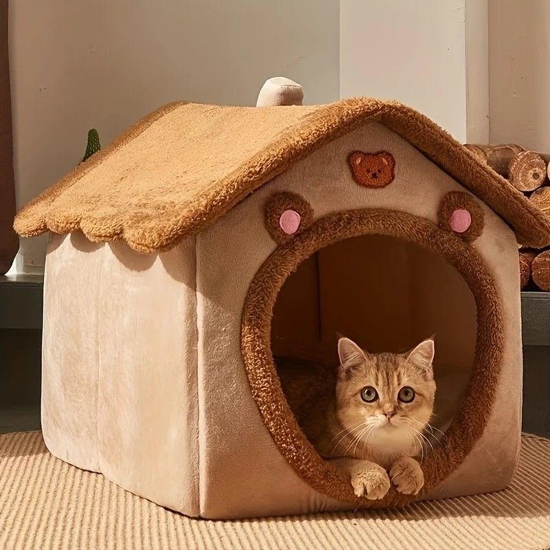 Cartoon-Style House Pet Bed – Detachable & Washable Winter Cat Cave