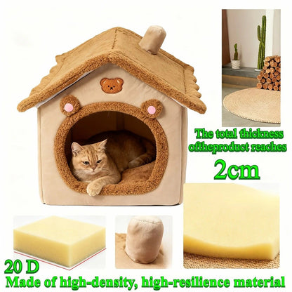 Cartoon-Style House Pet Bed – Detachable & Washable Winter Cat Cave