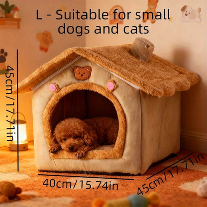 Cartoon-Style House Pet Bed – Detachable & Washable Winter Cat Cave