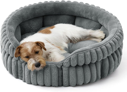 Medium Dog Bed – Super Soft Corduroy Round Pet Bed with Anti-Slip Bottom, Washable, Warm Gray