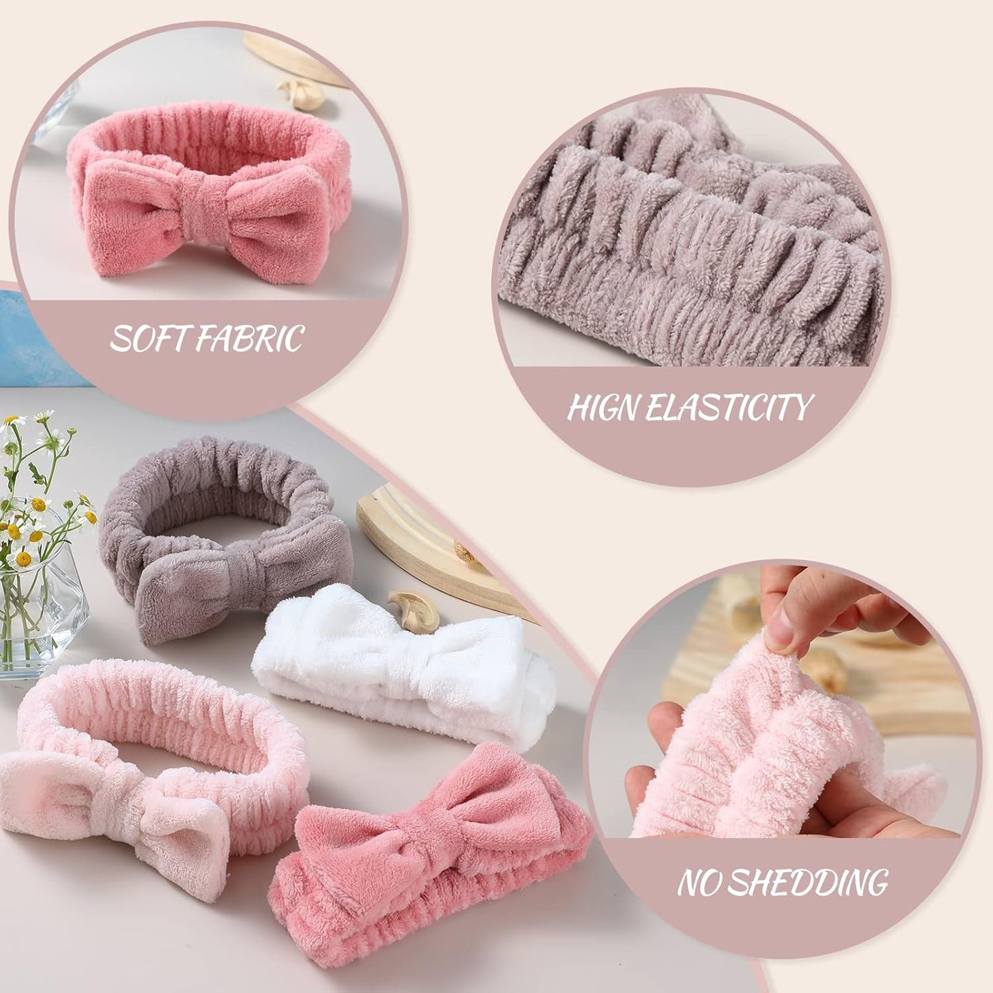 4-Piece Bow Spa Headband Set – White, Brown, Rose Pink & Light Pink