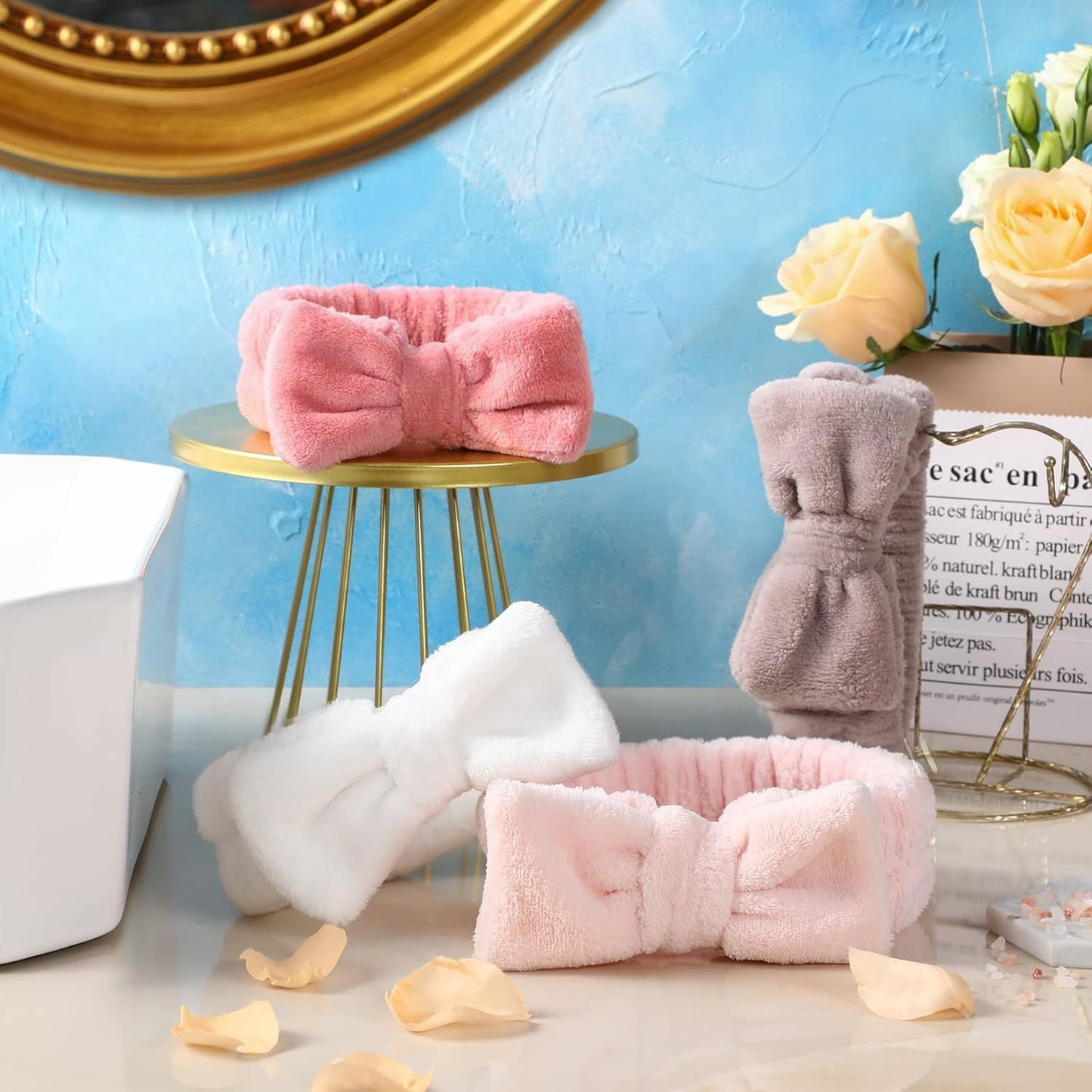 4-Piece Bow Spa Headband Set – White, Brown, Rose Pink & Light Pink