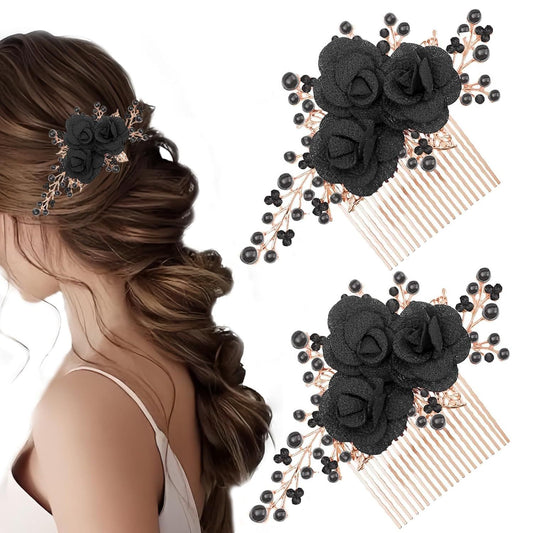 2-Piece Black Rose Bridal Hair Comb Set – Pearl & Rhinestone Floral Hair Accessories