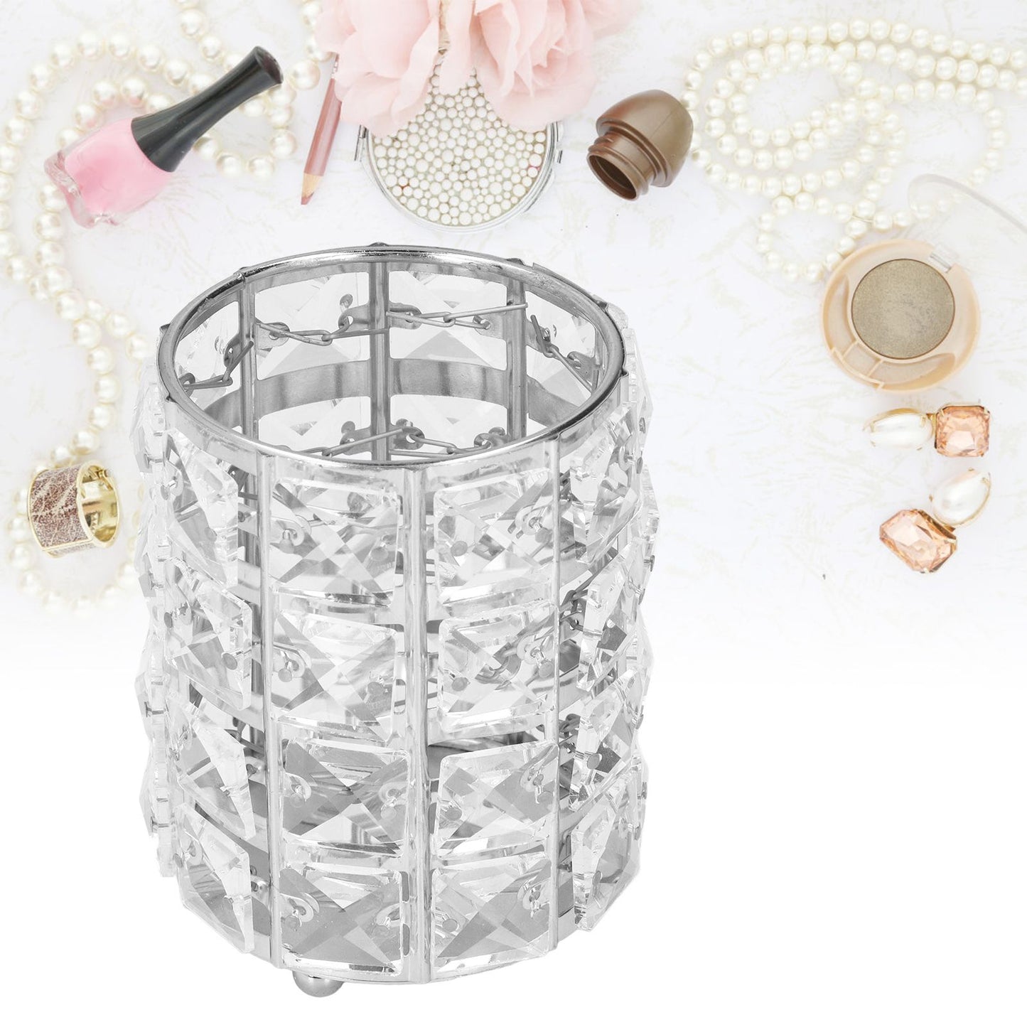 Makeup Brush Holder Crystal Metal Durable Elegant Style Wide Application Pen Holder for Brush Pencil Jewelry Silver