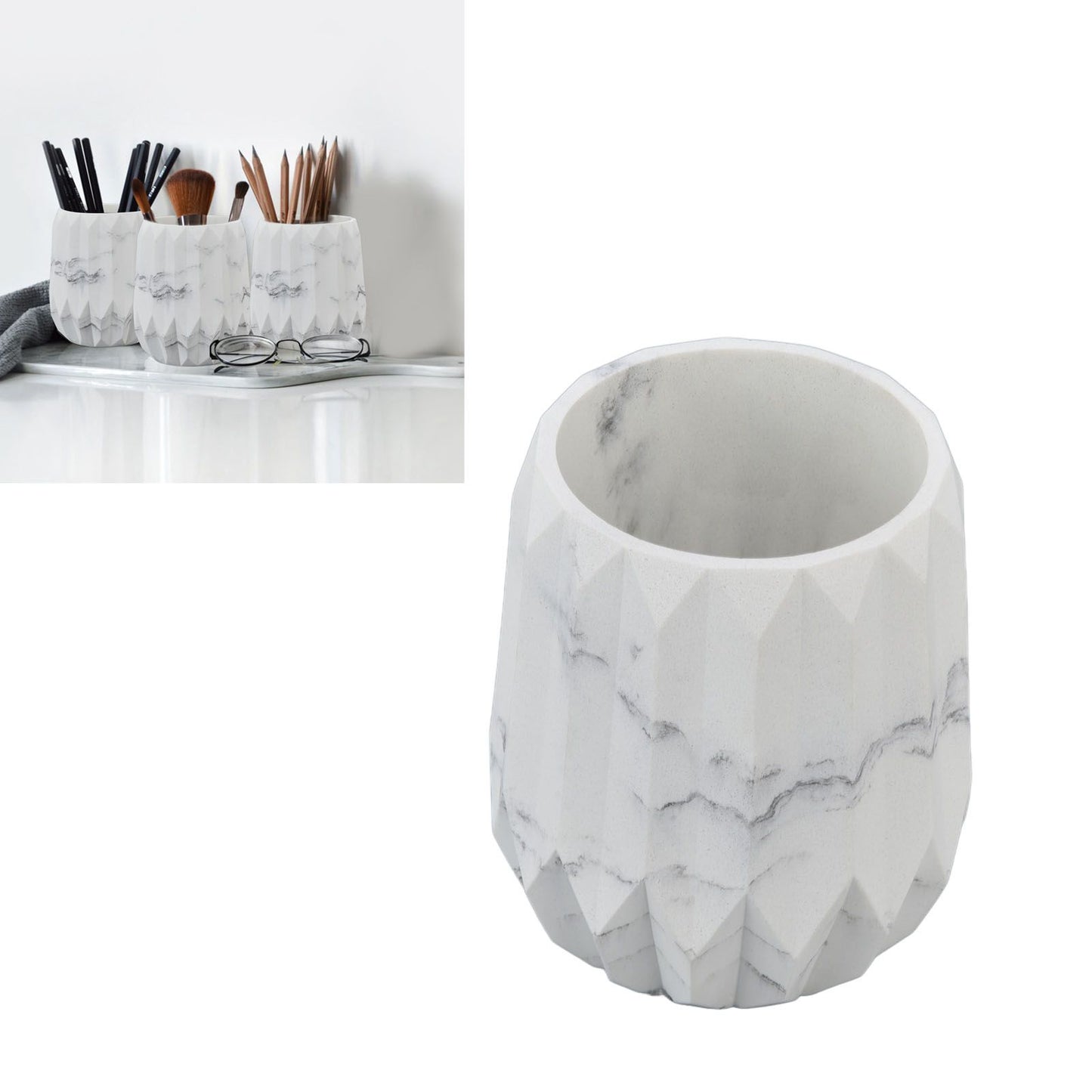 Makeup Brush Holder Durable Glossy Resin Large Capacity Modern Design Marble Vein Makeup Brush Organizer