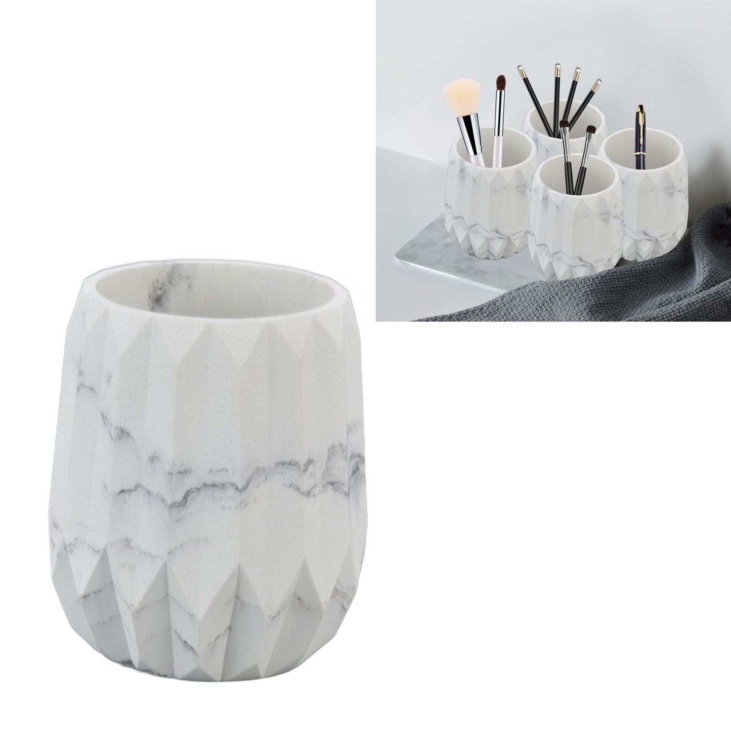 Makeup Brush Holder Durable Glossy Resin Large Capacity Modern Design Marble Vein Makeup Brush Organizer