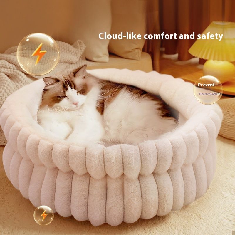 White Plush Cat Bed – Cosy Cloud Cat Bed with Anti-Static Comfort
