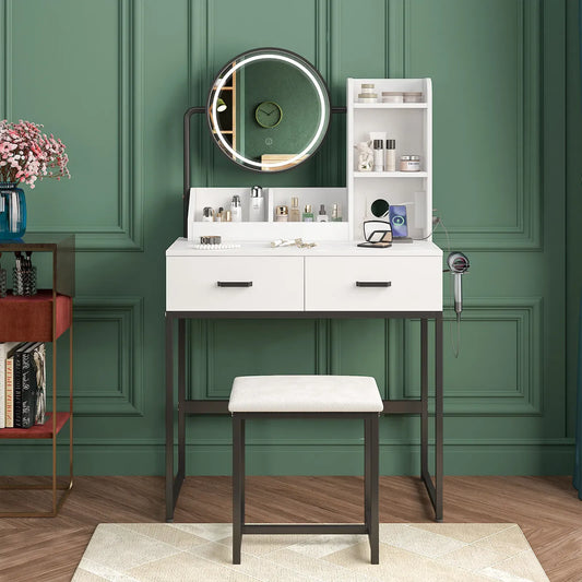 White & Black Dressing Table Stool Set with LED Lights and Charging Station – 80 x 136cm