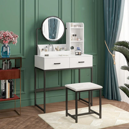 White & Black Dressing Table Stool Set with LED Lights and Charging Station – 80 x 136cm