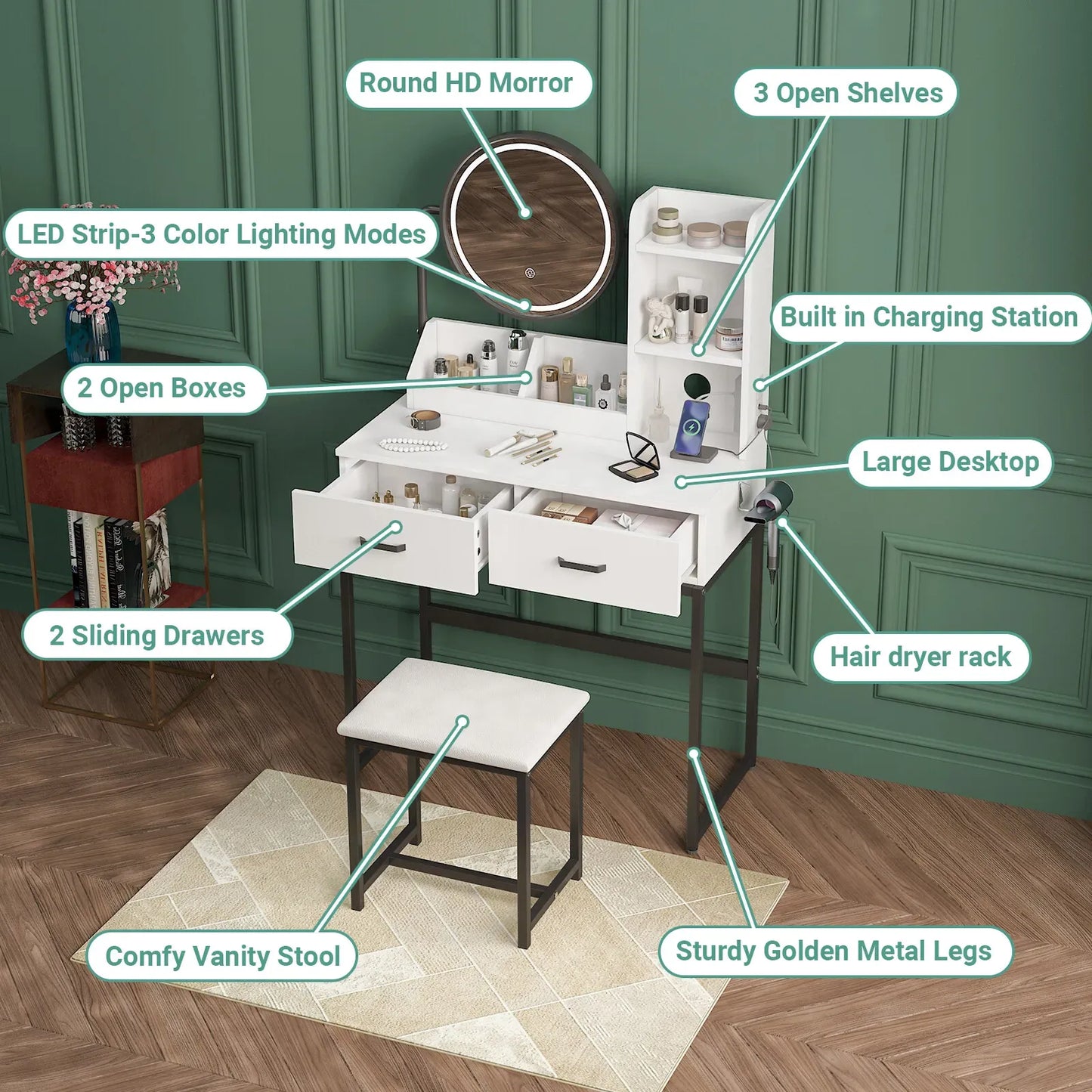 White & Black Dressing Table Stool Set with LED Lights and Charging Station – 80 x 136cm