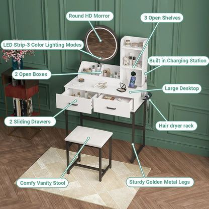 White & Black Dressing Table Stool Set with LED Lights and Charging Station – 80 x 136cm