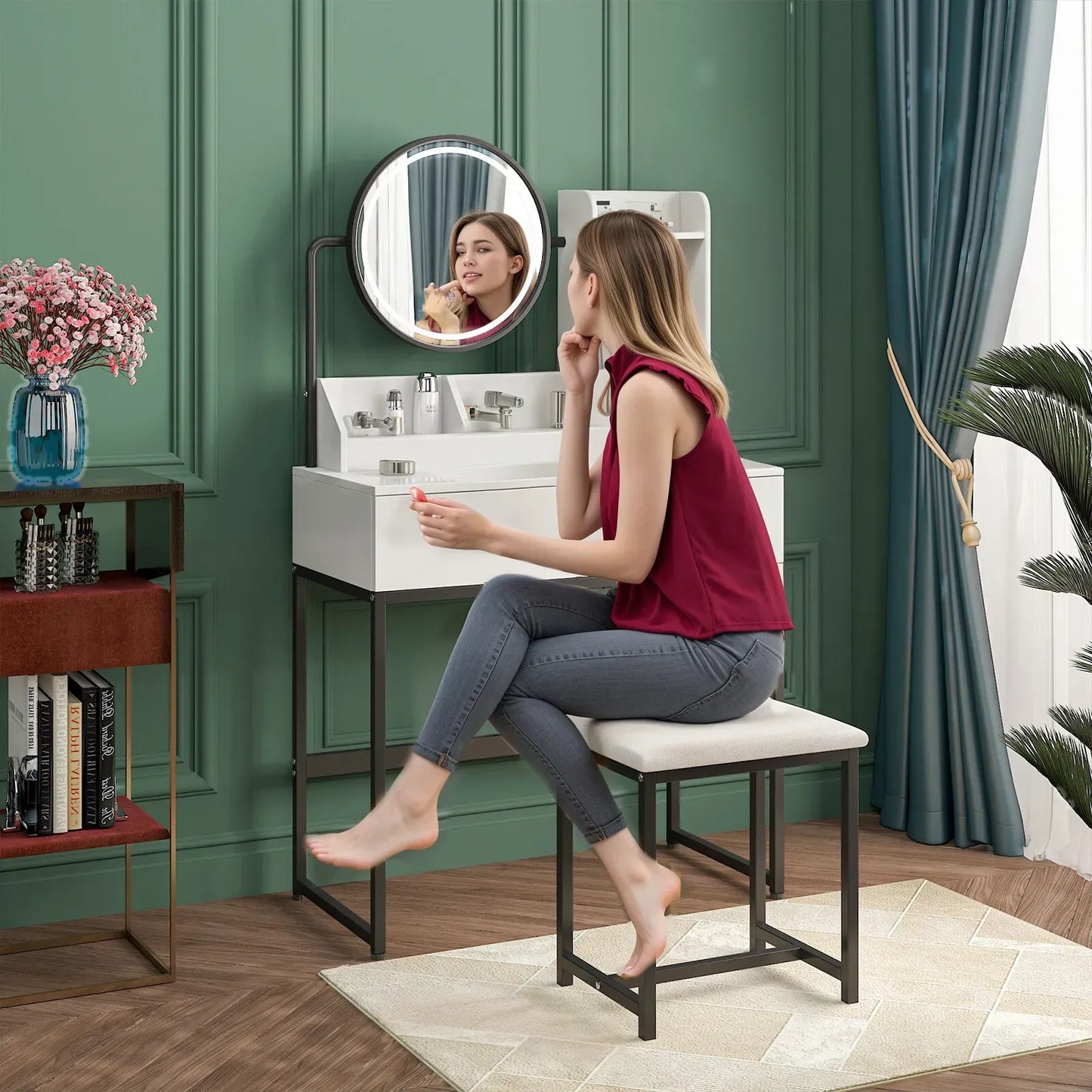 White & Black Dressing Table Stool Set with LED Lights and Charging Station – 80 x 136cm
