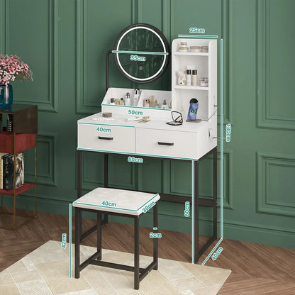 White & Black Dressing Table Stool Set with LED Lights and Charging Station – 80 x 136cm