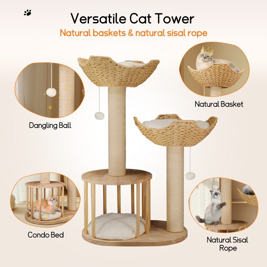 Cat Tree Tower – Large Scratching Post, Condo, Basket & Activity Centre