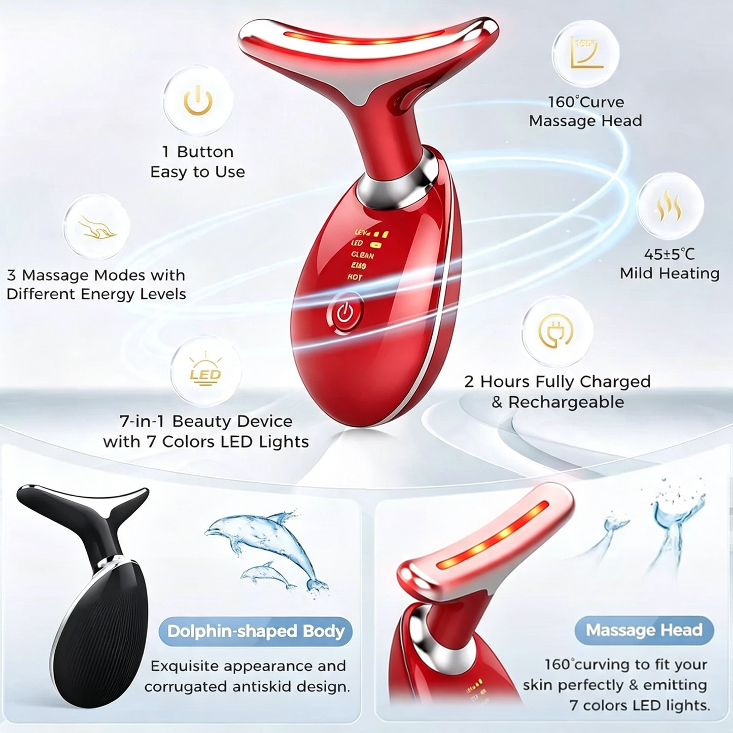 Rejuvenation Face & Neck Massager – LED Skin Care & Beauty Device – Red